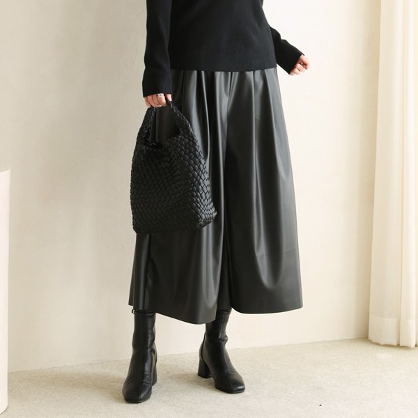 PTC6087 Leather Pin Tuck Wide Pants