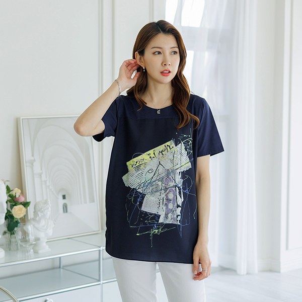TBD3096_DO dick print color matching blouse tee