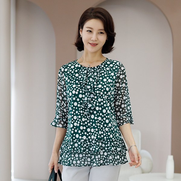 TBD3153_G Cocky dot color matching blouse tee