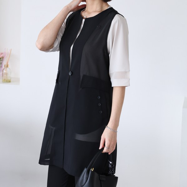 See-through button round vest VEB3001