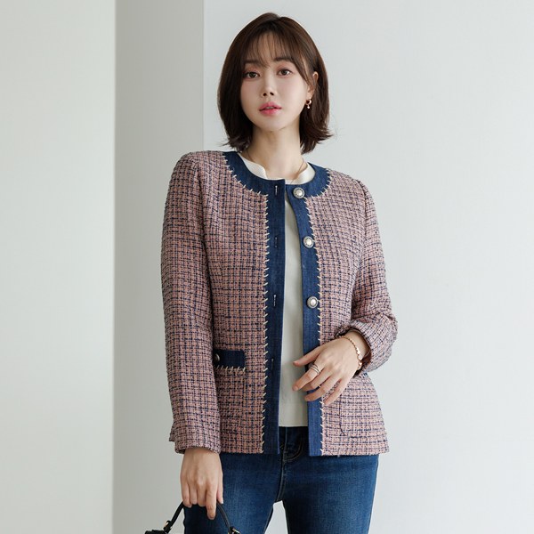 [THE BLACK] Bubble Denim Color Block Tweed Jacket OUD5017