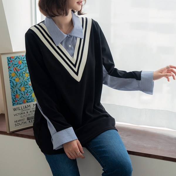 V-neck color block knit shirt TBD5049