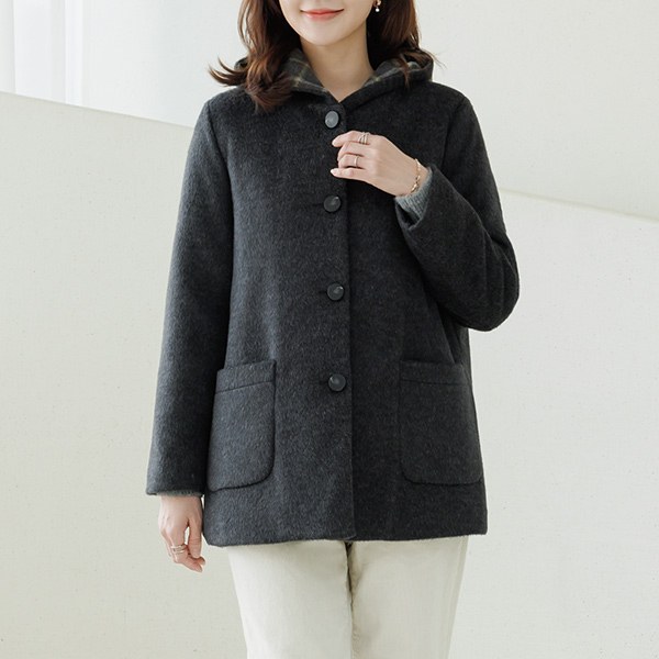 Checked Wool Hooded Coat OUD6120